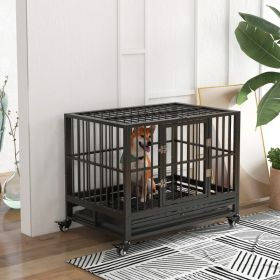 Heavy Duty Dog Crate Metal Cage Kennel With Lockable Wheels, Double Door And Removable Tray, Gray