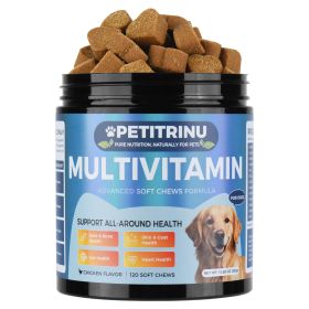 Petitrinu Dog Multivitamin Soft Chews, Chicken Flavor 120 Count, Support Joint & Bone, Skin & Coat, Gut, Heart All-Around Health For Dogs