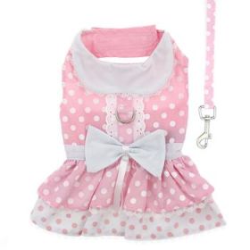 Polka Dot And Lace Dog Dress Set With Leash - Pink (Variation: Medium)