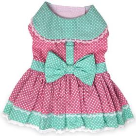 Polka Dot And Lace Dog Dress Set With Leash - Pink And Teal (Variation: Small)
