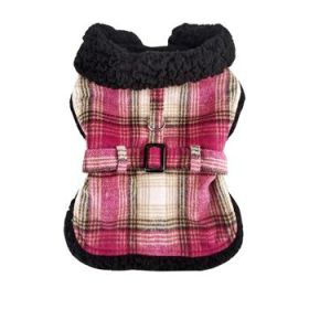 Sherpa-Lined Dog Harness Coat - Hot Pink & Tan Plaid (Variation: Medium)