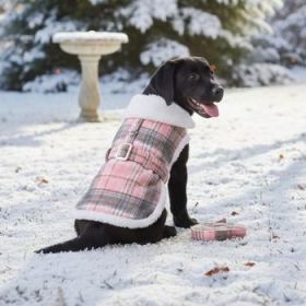 Sherpa-Lined Dog Harness Coat - Pink & White Plaid (Variation: X-Small)