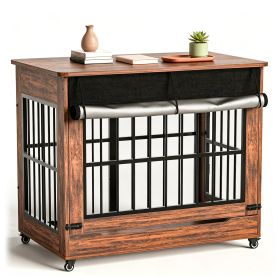 46In Large Dog Crate Furniture, Double Door Wooden Indoor Dog Kennel Furniture, For Extra Large Breed Dogs, Size 2Xl (Color: Brown)