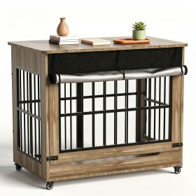 46In Large Dog Crate Furniture, Double Door Wooden Indoor Dog Kennel Furniture, For Extra Large Breed Dogs, Size 2Xl (Color: Gray Wash)