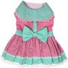 Polka Dot And Lace Dog Dress Set With Leash - Pink And Teal